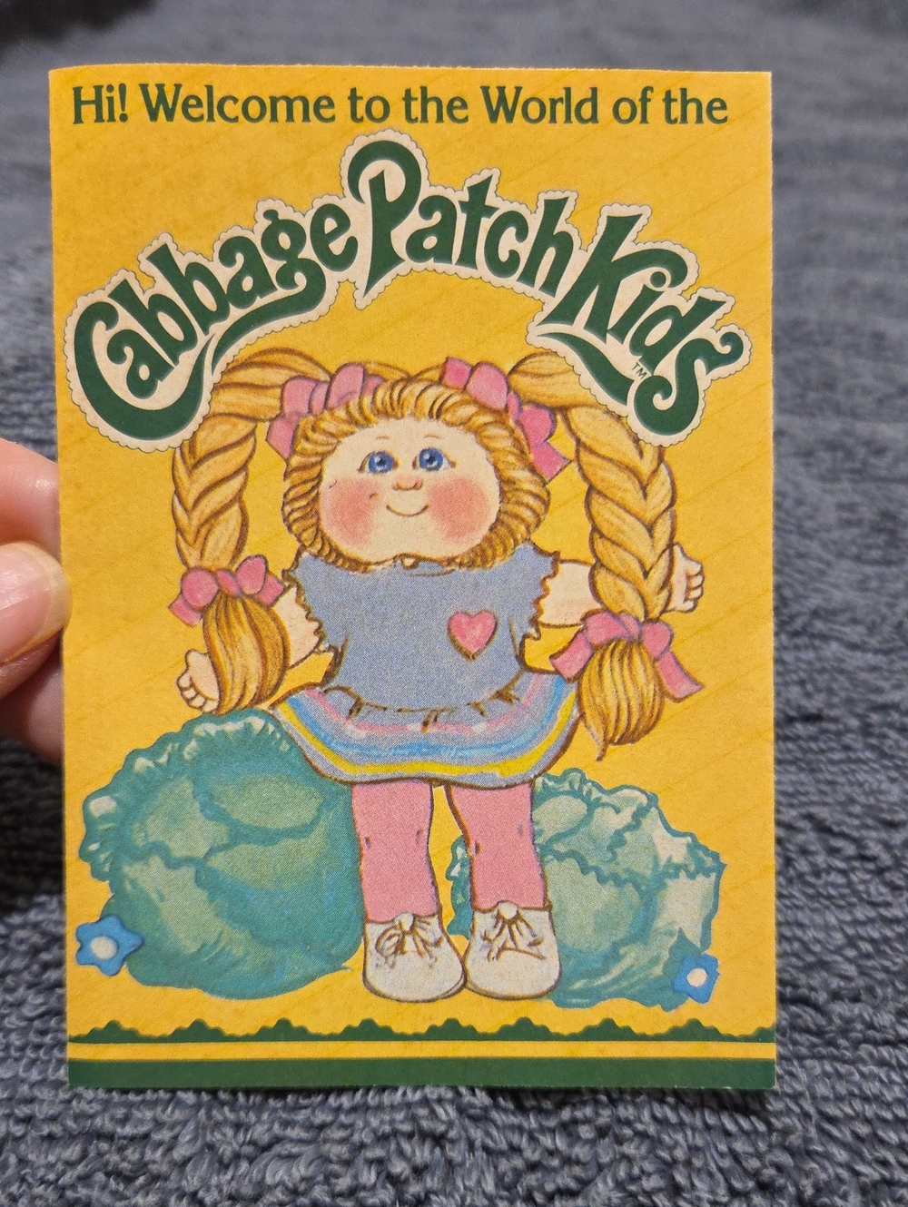 Cabbage patch doll Yellow Vintage Card with Pink & Blue Doll Artwork